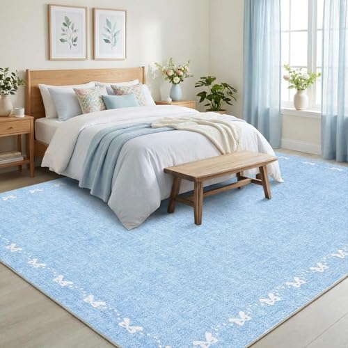 GarveeHome Washable 9x12 Area Rug for Living Room Bow Solid Blue Rug Non Slip Soft Bedroom Rugs Low Pile Foldable Large Area Rug Stain Resistant Carpet for Nursery Dining Room Classroom, Blue - Image 2