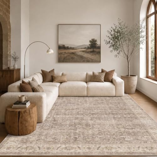 Washable 8x10 Living Room Soft Area Rug Boho Light Taupe Large Carpet - Image 3