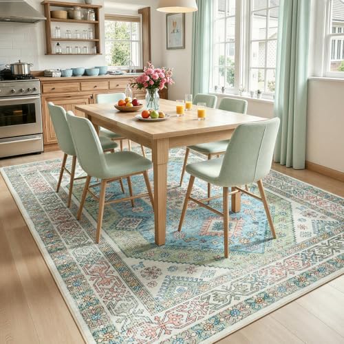 Lofus Living Room Rugs 8x10, Boho Sage Green and Light Blue Washable Carpet - Image 3