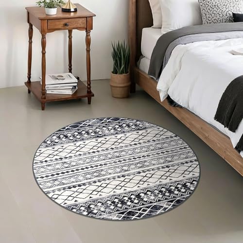 KUTA Round Washable Rug 3Ft Boho Black Navy Blue Distressed Geometric - Image 4