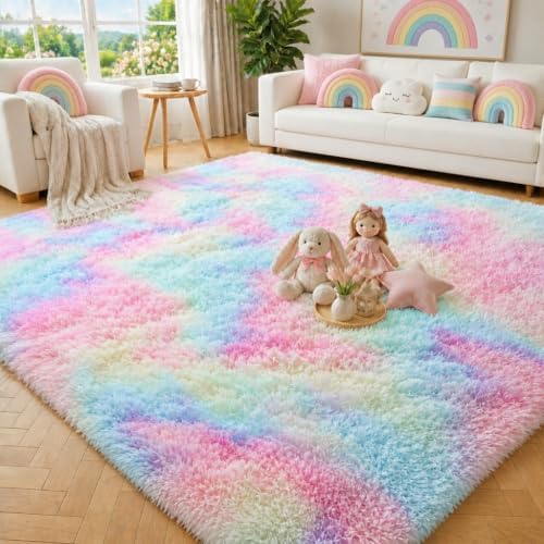 Area Rug for Girls Bedroom Preppy Dorm, Vibrant Rainbow Bedside Rug 3x5 Ft - Image 2