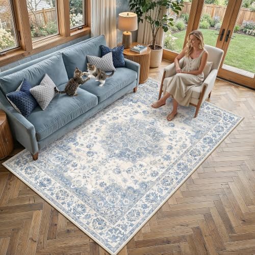 PureCozy Blue Area Rug 5x7 Vintage Oriental Medallion Non-Slip Carpet by PureCozy