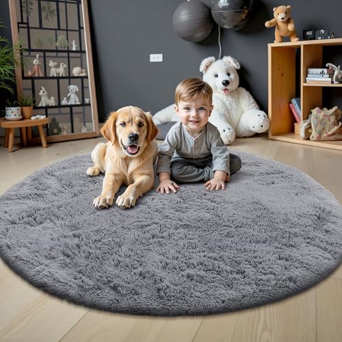 OLANLY Light Grey Round Rugs for Bedroom - Machine Washable, 5 ft Circle Area Rugs for Living Room, Soft and Fluffy Shaggy Carpet for Teen Girls and Boys, Nursery Rooms, Dorms, Home Decor Aesthetic - Image 2