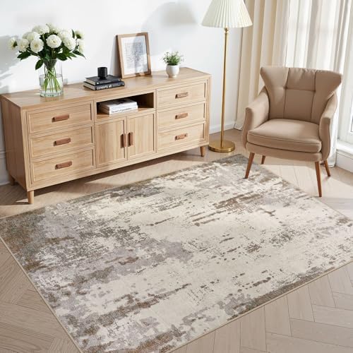 UERMEI 4x6 Area Rug Living Room Rugs - Washable Neutral Modern Abstract Soft Thin Rug Indoor Floor No Slip Rug Carpet for Bedroom Under Dining Table Home Office Decor - Brown/Grey/Beige by UERMEI