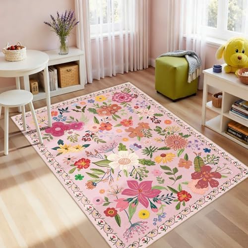 3x5 Entryway Area Rugs, Washable Floral Pink Rugs for Living Room - Image 3