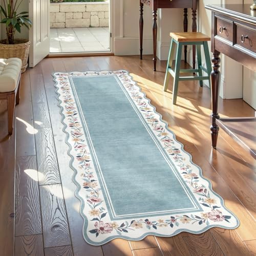 Lahome Floral Blue 2x6 Runner Rug for Hallway, Scalloped Kitchen Rug - Image 2