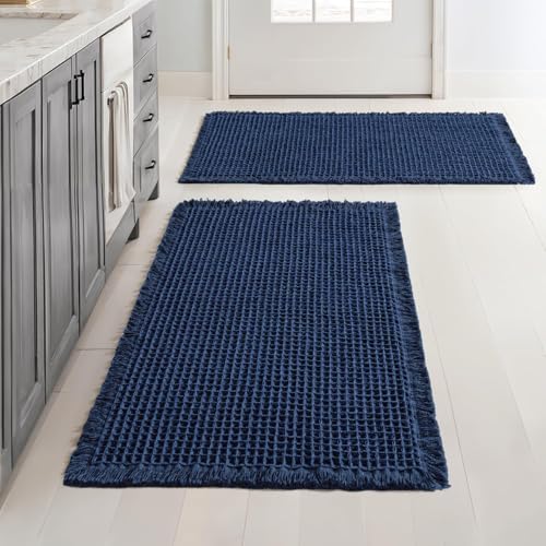 MIULEE Set of 2 Waffle Bathroom Rugs Boho Bath Mat Navy Blue 20x32 Inch by MIULEE