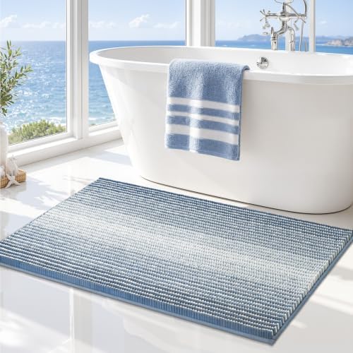 BSICPRO Large Chenille Bathroom Rugs, 24x36 Striped Bath Mats, Fog Blue by BSICPRO