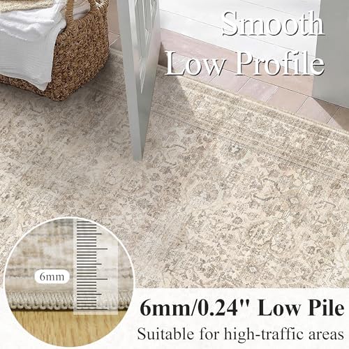 Schweek 8ft Circle Rug Neutral Beige Vintage Washable Non-Slip Round Rugs - Image 3