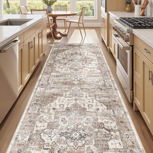 Washable 3x12 Runner Rug: Non Slip Vintage Tea Brown Entry Area Rug by ZUNTKON