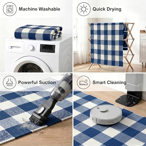 MUBIN Cotton Blue White Plaid Rug, 27.5''x 43'' Checked Outdoor Rug Front Door Decorative Mat, Hand-Woven Washable Reversible Foldable Rug for Front Porch, Entryway (43''L x 27.5''W, Blue White Plaid) - Image 6