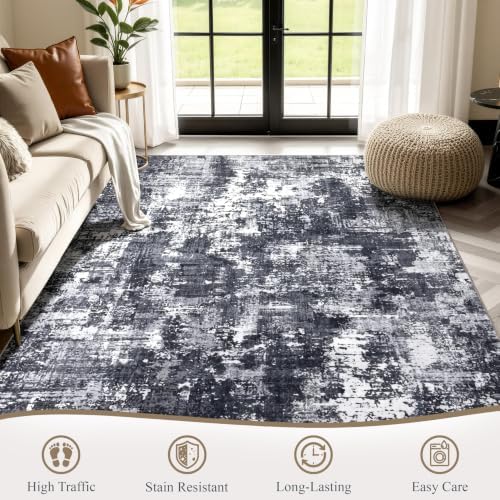 Sasttie 9x12 Washable Area Rug, Modern Abstract Large Carpet, Black & White - Image 2