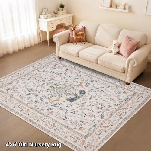 RCTJHOME 4x6 Beige Floral Nursery Kids Washable Area Rug Non-Slip Carpet - Image 2