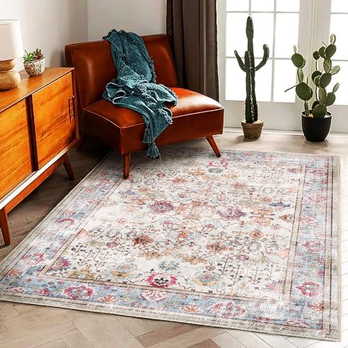 CHAMPLANT Washable Area Rug Vintage 6'x9' Light Traditional Floor Cover Thin Rug Retro Kitchen Indoor Distressed Non Slip Carpet Floral Print Mat Living Room Bedroom Dining Room - Image 3