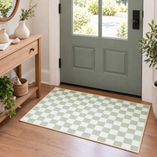 3x5 Checkered Area Rug for Living Room, Soft Low Pile Light Green rugs by Unknown