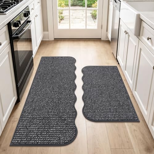 BEQHAUSE Kitchen Rugs Set of 2 Scalloped Edge, 17x30+17x48 in, Charcoal by BEQHAUSE