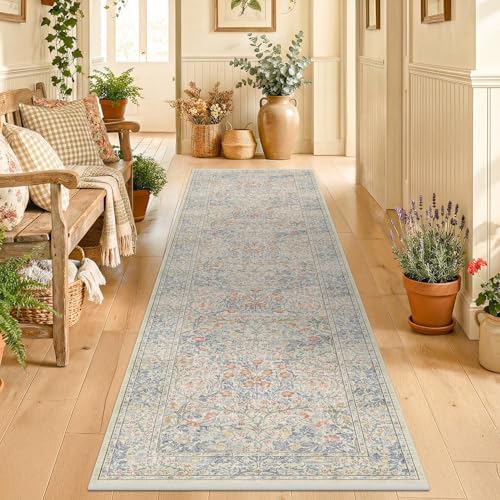 Vintage Beige Blue 2'6" x 8' Runner Rug for Hallway, Kitchen, Bathroom, Entryway Indoor, Washable Non Slip Rubber Backing Stain Resistant - Botanical Home Decor by HazoHaus