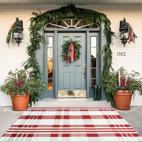 Christmas Plaid Outdoor Rug, 4' x 6' Red&White Check Indoor/Outdoor Area Rug, Layering Rug for Hello/Welcome Door Mat, Machine Washable Cotton Woven Rug for Farmhouse Front Porch, Entryway - Image 2