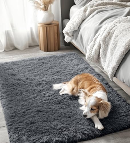 OLANLY 4x4 Machine Washable Accent Rug, Soft Fluffy Shaggy Area Rug for Bedroom, Living Room, Indoor Floor Carpet for Kids, Nursery, Home Decor, Grey - Image 4