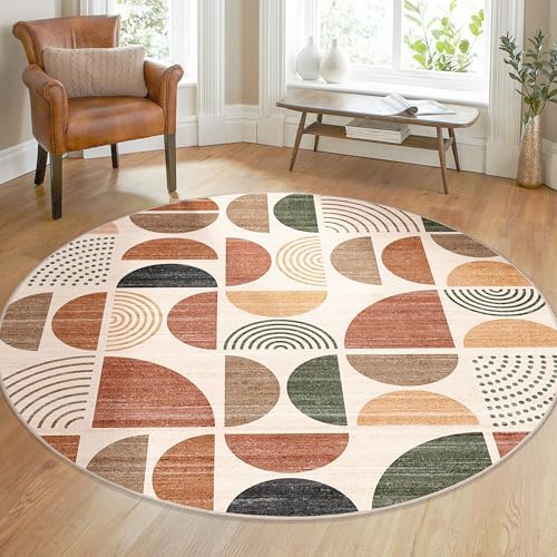 MUJOO Round Rugs 5ft,Circle Area Rug Washable Non Slip Modern Abstract Boho - Image 3
