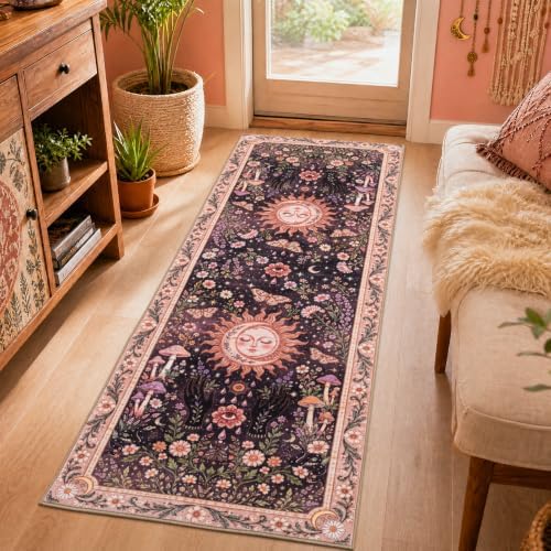 YIHOUSE 2x6 Black and Pink Washable Runner Rug Hallway Kitchen, Boho Gothic by YIHOUSE