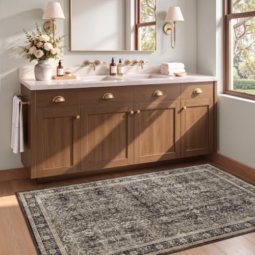 Washable Area Rug 3'x5' Entryway, Vintage MCM, Black/Brown/Beige - Image 4