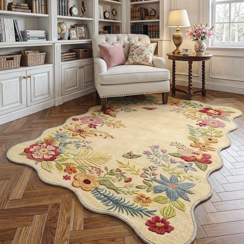 FMFUNCTEX 3x4 Washable Beige Floral Vintage Scalloped Area Rug for Entryway - Image 3