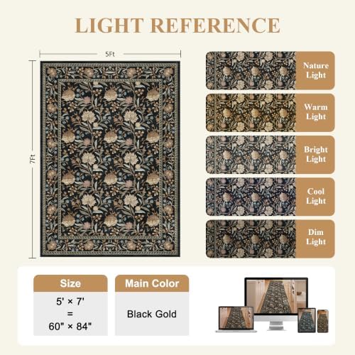 DUKINO 5x7 Area Rugs, Vintage Floral Washable Rug for Living Room, Black - Image 3