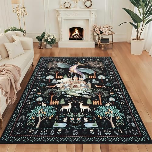 nesrt 5x7 Washable Area Rugs for Living Room Bedroom, Black Dragon Animal Print Dining Room Rugs Non Slip, Soft Botanical Forest Nursey Playroom Floor Carpets for Farmhouse Study Home Office Decor by nesrt