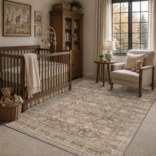 JOOJA 4x6 Neutral Tan Vintage Boho Washable Area Rug, Low Pile Soft Rug - Image 2