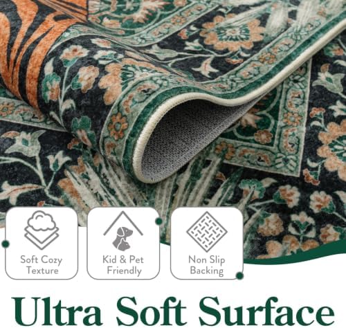 Moynesa Tiger 5x7 Area Rug, Boho Washable Living Room Rug, Non Slip Green Rugs for Bedroom, Ultra Thin Vintage Soft Stain Resistant Throw Floor Carpet for Office Dining Room - Image 3