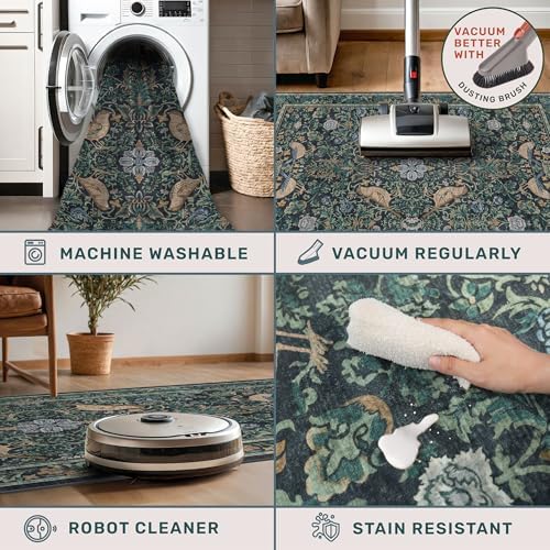 Soft Washable 9x12 Area Rug for Living Room, Bedroom Stain Resistant - Dark Blue Dining Rugs for Under Table, Non-Slip 9 by 12 Low Pile Boho Room Décor for Bedroom, Vintage Bird Floral Design Carpet - Image 4