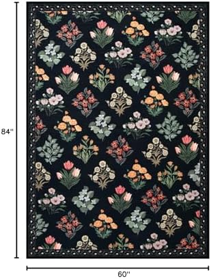 Wonnitar Floral Print Rug for Living Room, Black Washable 5x7 Area Rugs, Ultra-Thin Non Slip Stain Resistant Bedroom Carpet for Dining Room Playroom Office Dorm, Black/Multi - Image 2