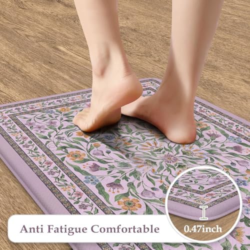 KIMODE Anti Fatigue Kitchen Mats,Purple Boho Floral Kitchen Rugs Sets of 2 - Image 3