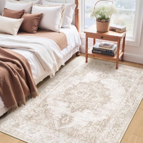 Area Rug 3x5 Vintage Rug: Washable Indoor Medallion Rug Low Pile Distressed Floor Carpet Retro Accent Doormat for Bedroom Bathroom Hallway Kitchen Home Office(Beige, 3'x5') - Image 4