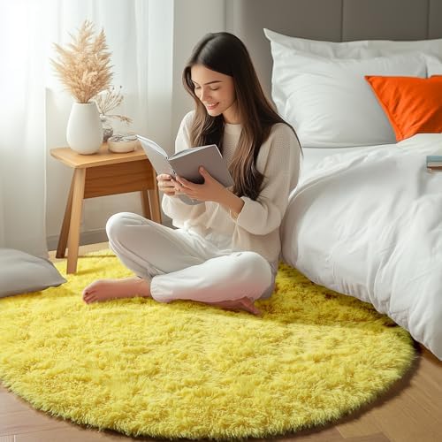 Yellow Fluffy Round Rug Circle Area Rugs 4ft for Girls Kids Teen Bedroom - Image 6