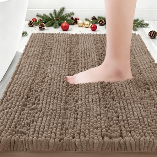 ACCUMTEK Striped Dark Beige Bathroom Rug Mat 24"x17" Ultra Soft, Non Slip Chenille Bath Rugs, Absorbent Plush Shaggy Bath Mats for Bathroom, Bedroom, Kitchen, Shower, Tub,Taupe by ACCUMTEK