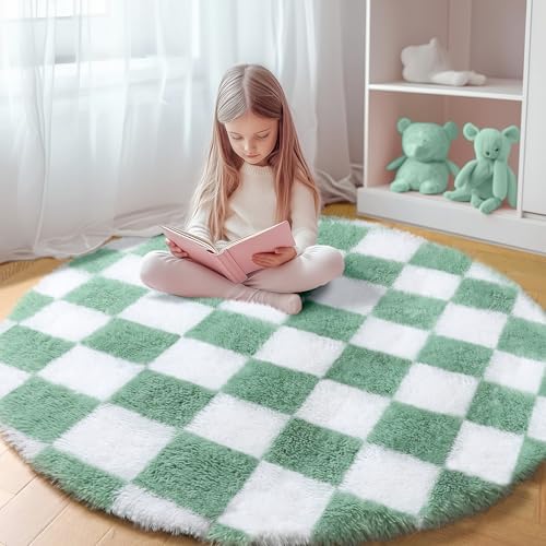 KICMOR Round Rug 4ft for Bedroom, Fluffy Soft Circle Area Rug Cute Small Living Room Carpet, Sage Green and White Fuzzy Shag Shaggy Checkered Circular Rugs for Kids Room Nursery Home Decor Aesthetic by KICMOR