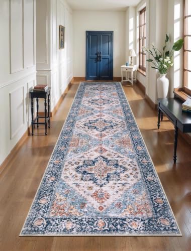 SERISSA 3x12 Washable Non Slip Boho Runner Rug for Hallway，Blue Orange by SERISSAHomeDecorCollection