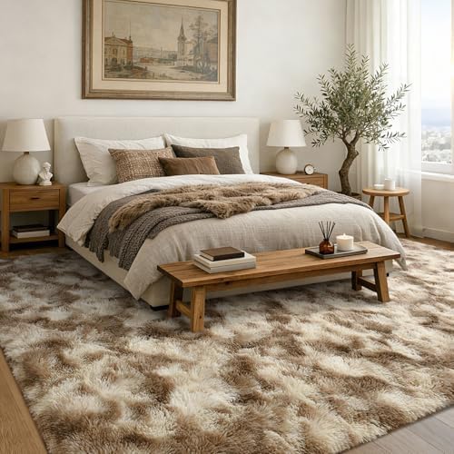 6x9 Ft Large Shag Rugs for Living Room Decor, Tie-Dyed Ultra Soft Fluffy Furry Area Rugs for Bedroom Indoor Floor, Aesthetic Carpet for Kids Home (Khaki) - Image 3