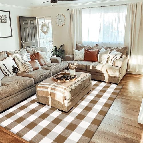 Buffalo Plaid Outdoor Rugs, 4' x 6' Brown and White Checkered Indoor/Outdoor Area Rug, Layering Rug for Hello/Welcome Door Mat, Washable Cotton Woven Farmhouse Mat for Fall Front Porch Décor - Image 4
