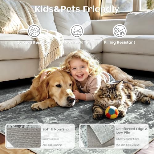 5x7 Rugs for Living Room - Modern Abstract Washable Rug, Ultra Soft Non Slip Low Pile Large Rugs, Floor Carpet for Bedroom Dining Room Office Laundry Nursery Home(Gray&Green) - Image 5
