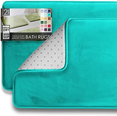 Clara Clark 2 Piece Bathroom Rugs Bath Mat Set, Velvet Memory Foam Bath Mats for Bathroom - Non-Slip, PVC Backing Bath Rugs, Washable - Dries Quickly, Teal by ClaraClark