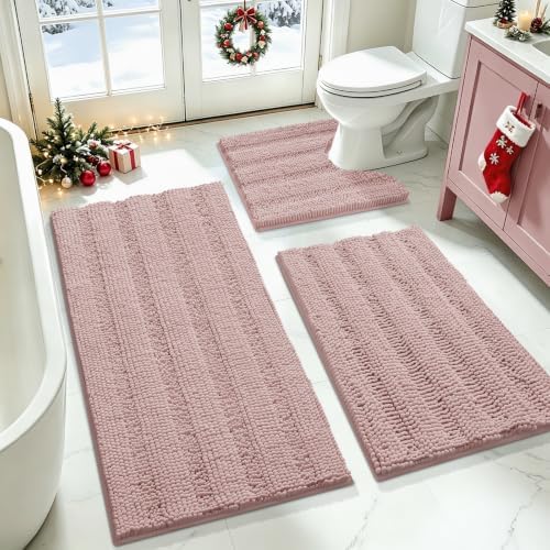 Striped Dusty Pink Bathroom Rug Set 3 Pieces Ultra Soft, Non Slip Chenille Bath Carpet, Absorbent Plush Shaggy Bath Mats for Bathroom, Toilet, Bedroom, Kitchen by ACCUMTEK