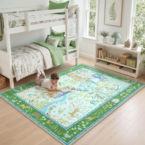 Tribesigns Washable Zoo Floral 5x7 Kids Playroom Rug, Soft Cute Blue Nursery Rugs for Bedroom, Non-Slip Low Pile Indoor Animal Print Carpet Rugs for Kids Room Living Room, Blue/5x7 - Image 3