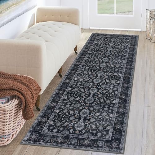 KUTA Vintage Washable Runner Rug, 2x6 Black Grey Orange Hallway Runner by KUTA