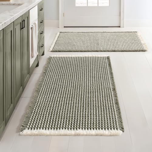 MIULEE Set of 2 Waffle Bathroom Rugs Boho Bath Mat Green&Cream 20x32 Inch by MIULEE