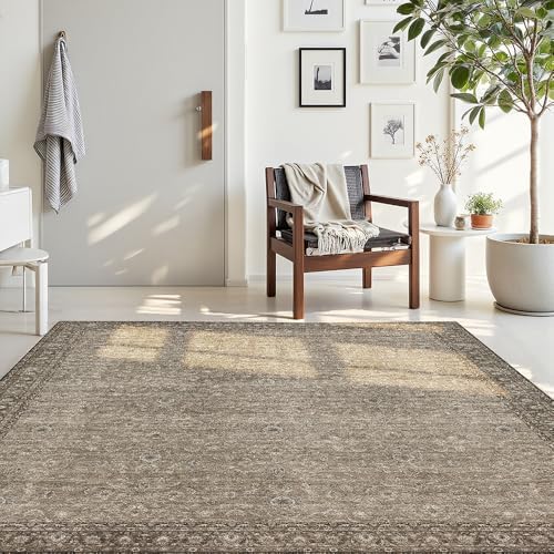 4x6 Grey Brown Washable Area Rug for Living Room, Vintage Print by Unknown