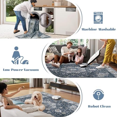 Area Rug 6x9 Washable Rug, Vintage Boho Medallion Rugs Non-Slip Soft Low Pile Large Distressed Rug Indoor Retro Carpet for Living Room Bedroom Dining Room Home Office (Vintage Blue, 6'x9') - Image 5