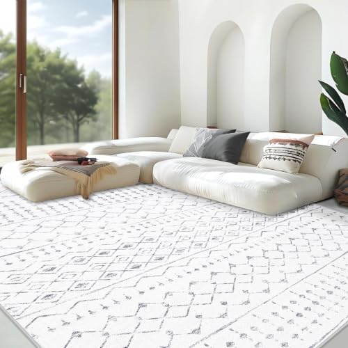Area Rug for Living Room 9x12: Large Washable Boho Moroccan Rugs Geometric Neutral Rug, Non-Slip Foldable Morden Farmhouse Indoor Floor Carpet for Bedroom Dining Table Home(Geometric Grey, 9'X12') by AOYAOMI